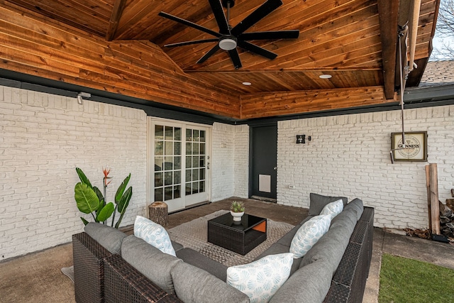 view of patio / terrace with a ceiling fan, french doors, and an outdoor hangout area