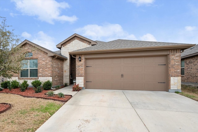 view of front of home with brick siding, an attached garage, roof with shingles, stone siding, and driveway