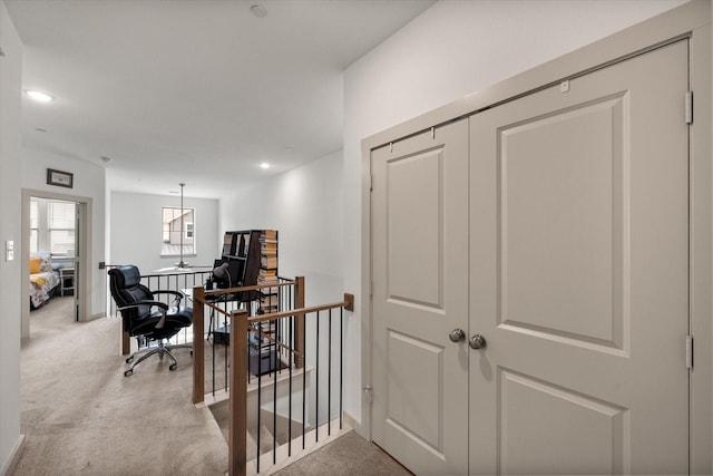 home office with recessed lighting and carpet