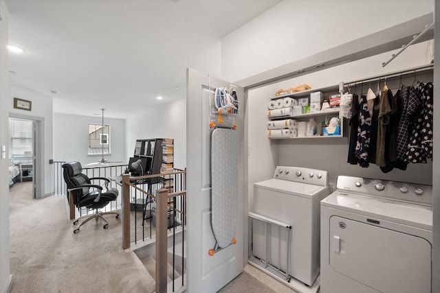 laundry area with laundry area, light carpet, recessed lighting, and washer and clothes dryer