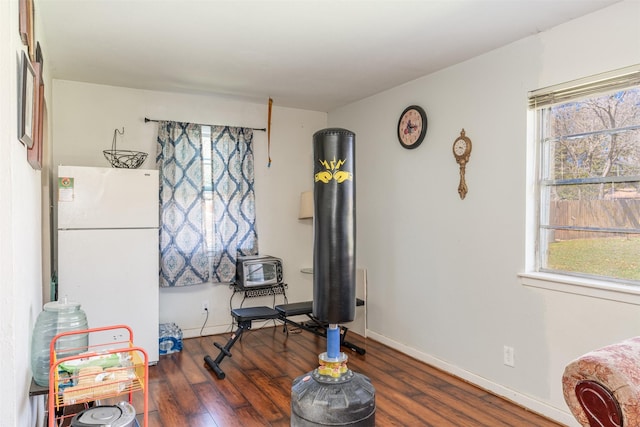 exercise room featuring baseboards, plenty of natural light, and wood finished floors