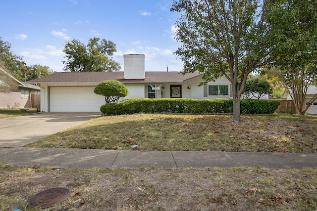 ranch-style house with a garage, concrete driveway, a chimney, and fence