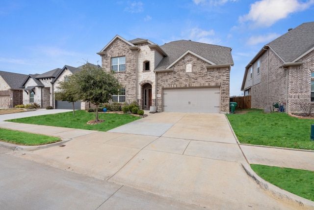 view of front facade with brick siding, a front lawn, fence, roof with shingles, and driveway