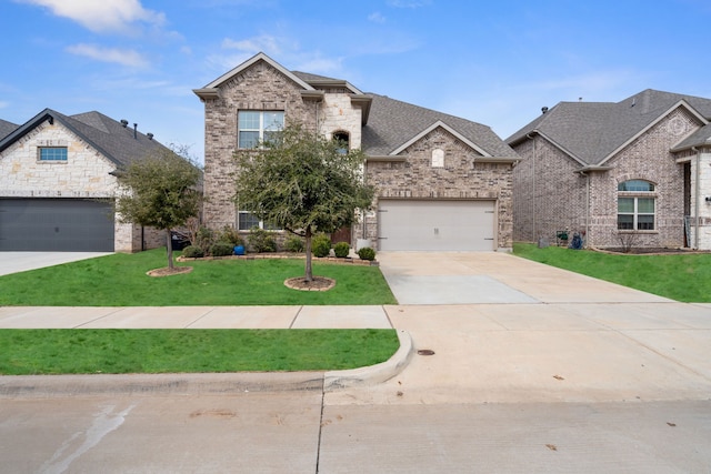 view of front facade with a front yard, a garage, brick siding, and driveway