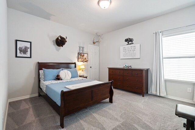 bedroom with baseboards and carpet