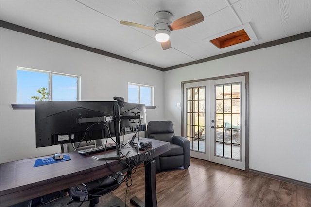 office with french doors, ceiling fan, and wood finished floors