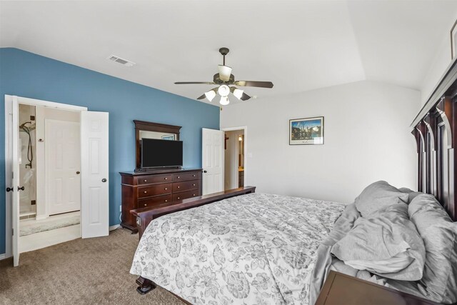 bedroom featuring visible vents, carpet floors, a ceiling fan, and vaulted ceiling