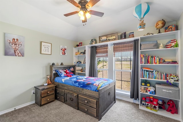 bedroom featuring carpet flooring, ceiling fan, and baseboards