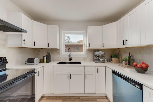 kitchen featuring a sink, white cabinets, black range with electric cooktop, dishwasher, and exhaust hood