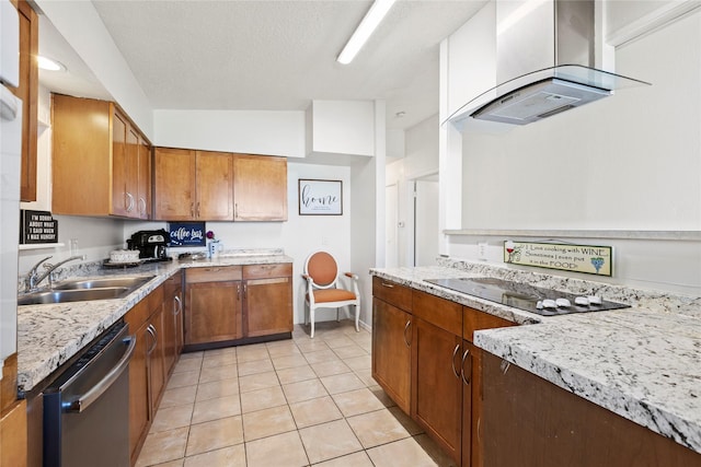 kitchen with a sink, stainless steel dishwasher, ventilation hood, light tile patterned floors, and black electric stovetop