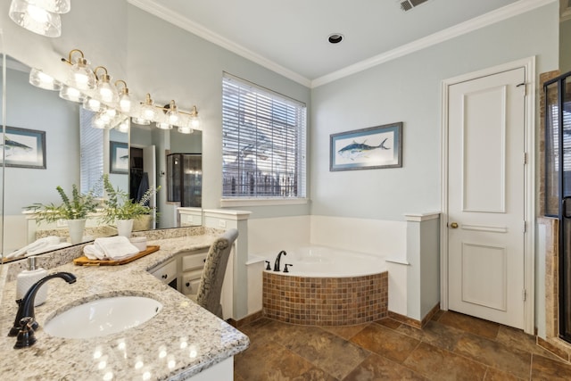 bathroom featuring vanity, a stall shower, ornamental molding, stone finish flooring, and a garden tub