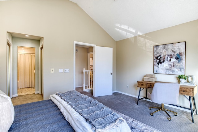 bedroom with carpet flooring, high vaulted ceiling, and baseboards