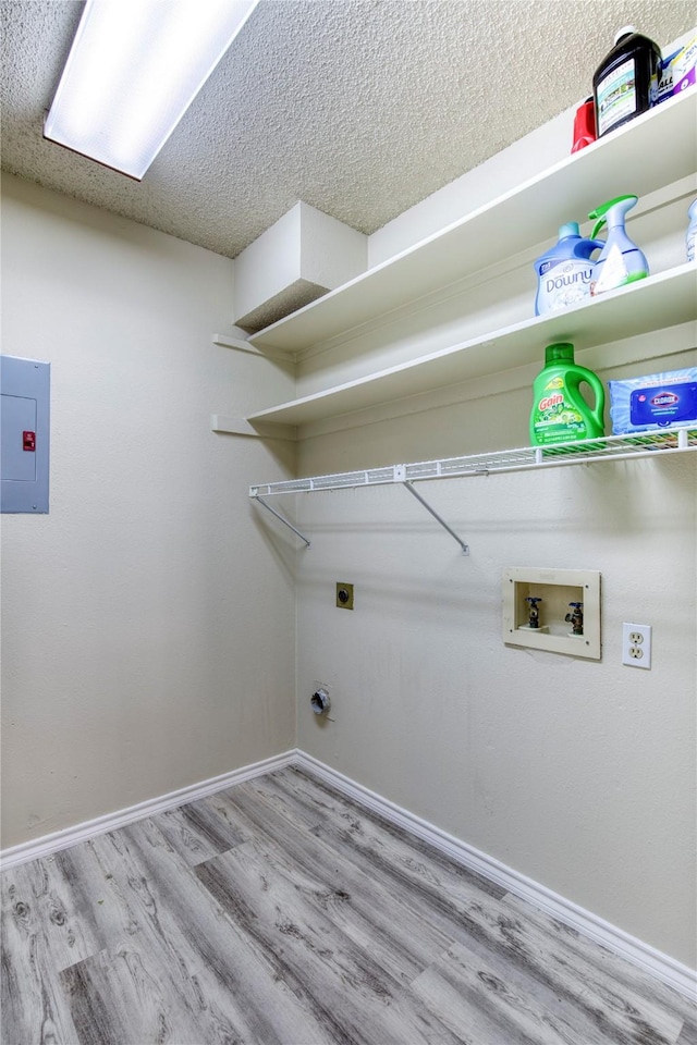 laundry area featuring washer hookup, electric panel, wood finished floors, hookup for an electric dryer, and laundry area