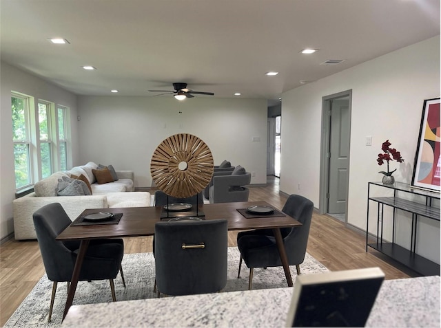 dining space featuring visible vents, recessed lighting, light wood-type flooring, and ceiling fan