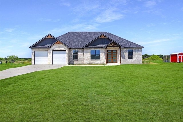 modern farmhouse style home with brick siding, board and batten siding, a front lawn, a garage, and driveway