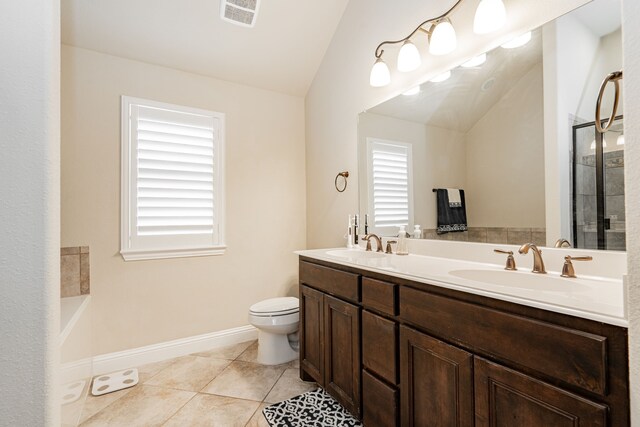 full bath featuring a sink, visible vents, lofted ceiling, and tile patterned floors