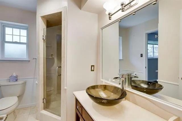 bathroom with a stall shower, toilet, and vanity