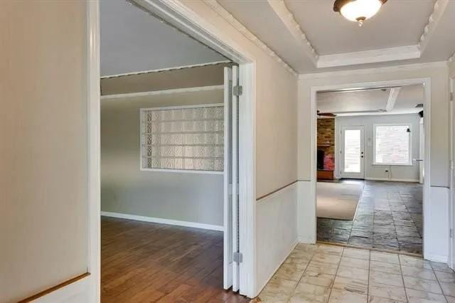 hall featuring a raised ceiling, baseboards, and wood finished floors