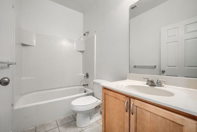 bathroom with tile patterned flooring, visible vents, shower / washtub combination, toilet, and vanity