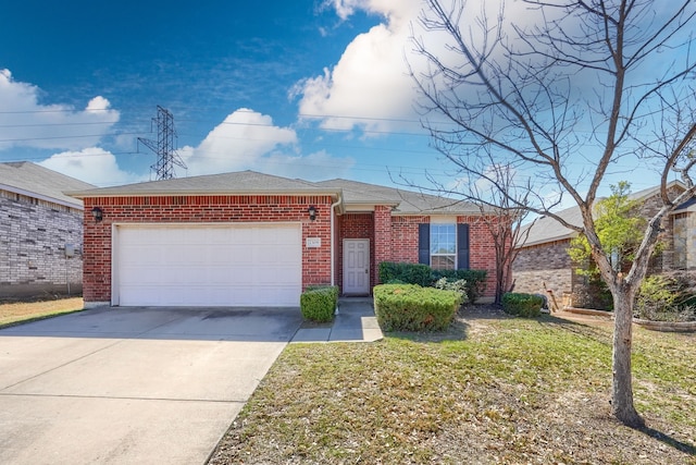 single story home featuring a garage, brick siding, roof with shingles, and concrete driveway