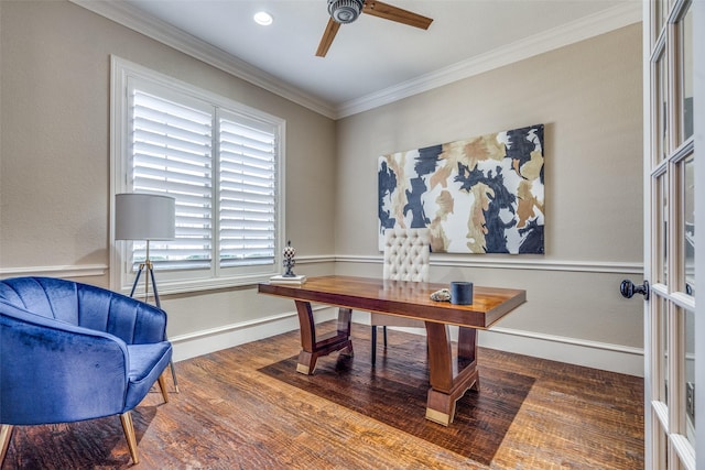 office with a ceiling fan, wood finished floors, baseboards, and ornamental molding