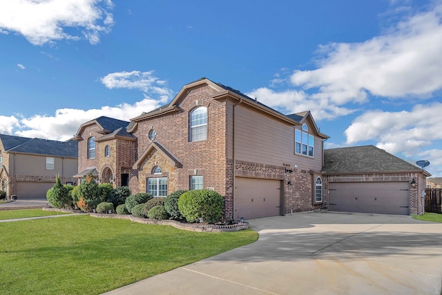 traditional-style home with brick siding, driveway, and a front lawn