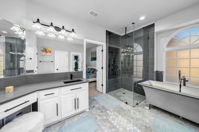 ensuite bathroom with visible vents, a shower stall, a freestanding bath, vanity, and ensuite bath