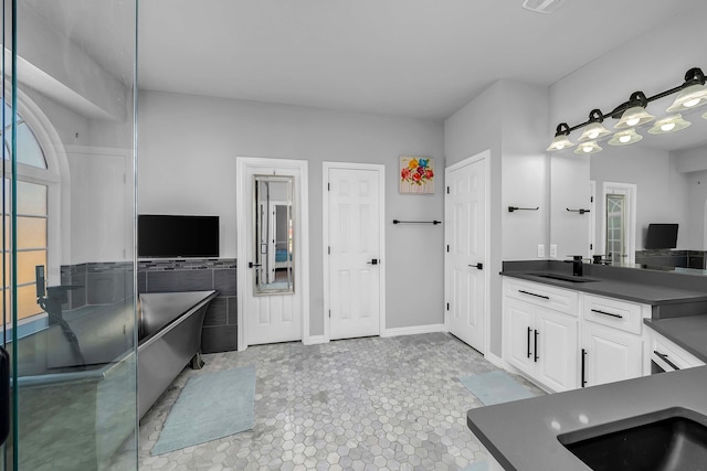 1416 Fence Post Dr, Fort Worth, TX 76052 - full bathroom featuring a shower stall, a chandelier, ensuite bathroom, vanity, and a freestanding bath