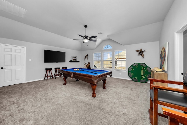 rec room with baseboards, lofted ceiling, carpet floors, and ceiling fan