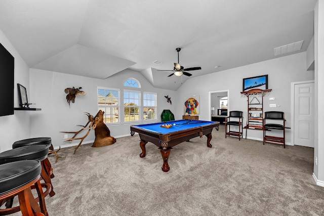 recreation room with visible vents, lofted ceiling, pool table, carpet flooring, and baseboards