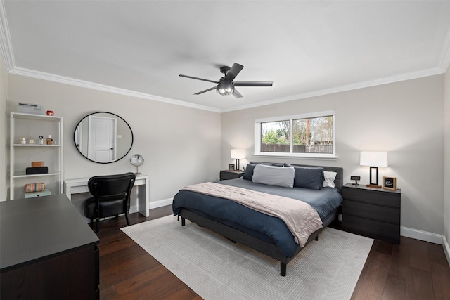 bedroom with dark wood-type flooring, a ceiling fan, baseboards, and ornamental molding