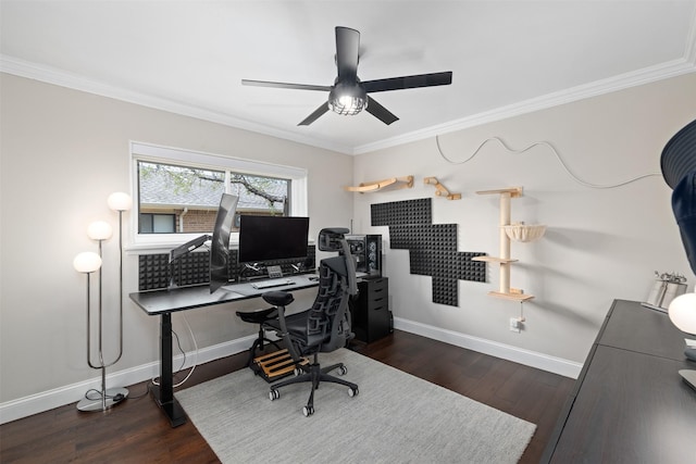 office area featuring wood finished floors and ornamental molding