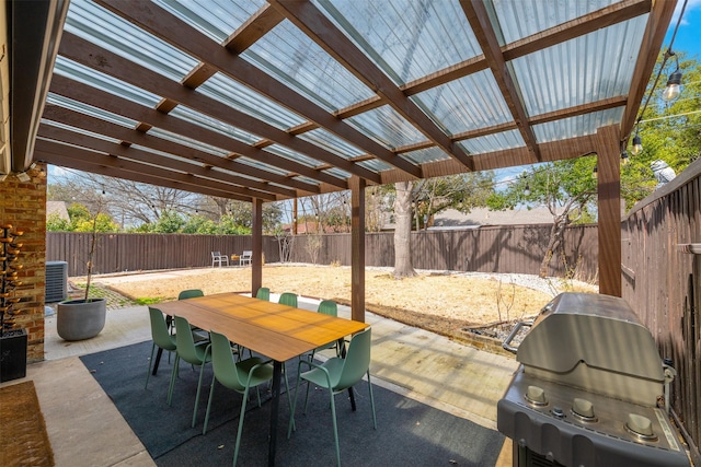 view of patio / terrace with grilling area, central AC, outdoor dining area, a fenced backyard, and a pergola