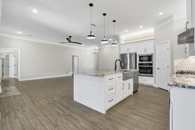 kitchen with wood finished floors, an island with sink, stainless steel appliances, under cabinet range hood, and tasteful backsplash