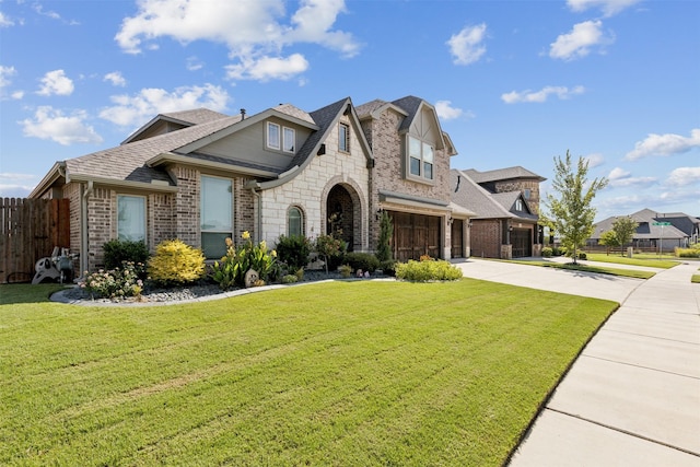 view of front of home featuring brick siding, concrete driveway, a front lawn, and fence