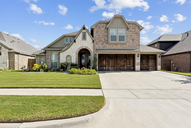 view of front facade featuring brick siding, a front yard, a garage, stone siding, and driveway