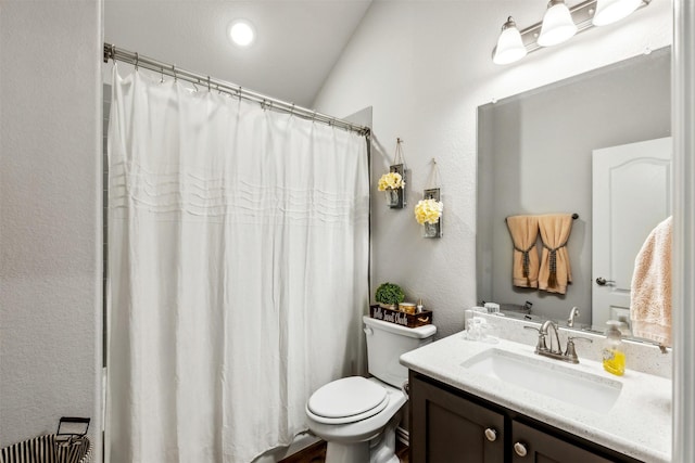 full bathroom featuring toilet, vanity, and a shower with curtain