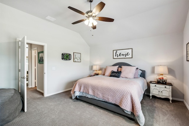 carpeted bedroom featuring vaulted ceiling, baseboards, visible vents, and ceiling fan