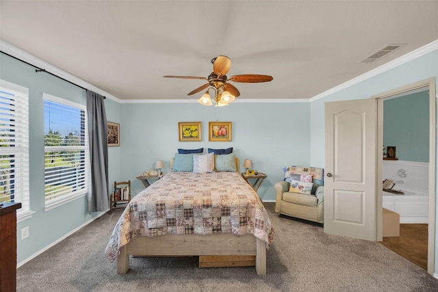 carpeted bedroom with ceiling fan, baseboards, visible vents, and ornamental molding