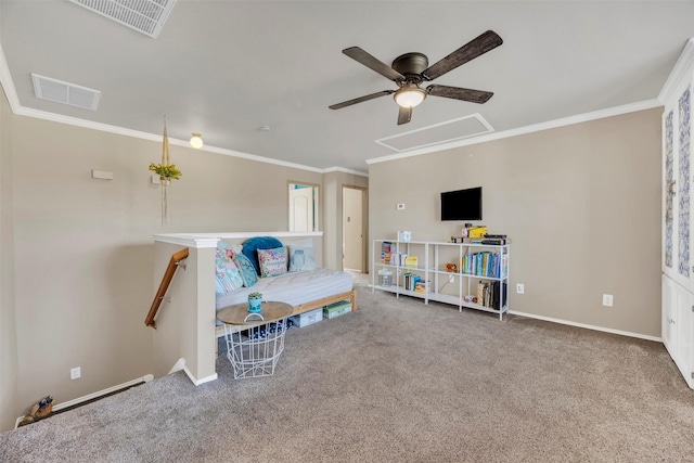 interior space featuring attic access, carpet flooring, crown molding, and visible vents