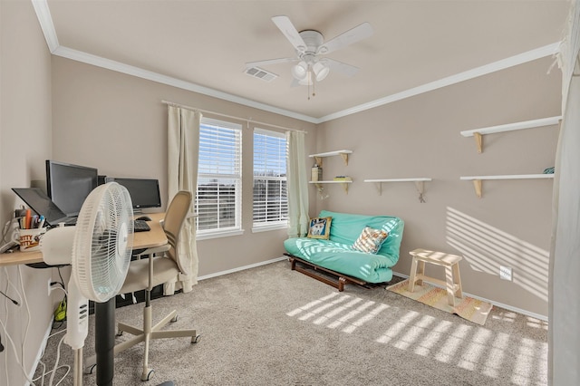 carpeted office space with crown molding, baseboards, visible vents, and ceiling fan