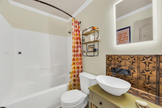 bathroom featuring shower / bathtub combination with curtain, vanity, toilet, and crown molding