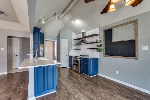 kitchen with a sink, blue cabinetry, electric stove, wall chimney exhaust hood, and dark wood-style flooring