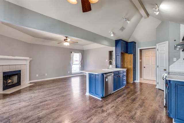 8304 Emerald Cir, North Richland Hills, TX 76180 - kitchen featuring blue cabinetry, ceiling fan, dishwasher, beamed ceiling, and high vaulted ceiling