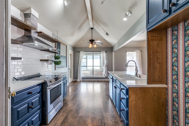 kitchen featuring a sink, open shelves, blue cabinetry, and stainless steel appliances