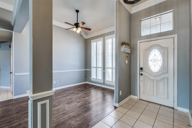 8304 Emerald Cir, North Richland Hills, TX 76180 - foyer entrance with ceiling fan, crown molding, wood finished floors, and baseboards