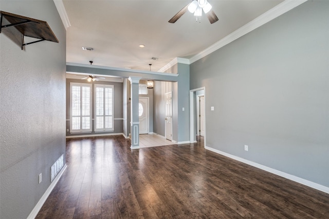 8304 Emerald Cir, North Richland Hills, TX 76180 - unfurnished living room with a ceiling fan, decorative columns, ornamental molding, wood finished floors, and baseboards