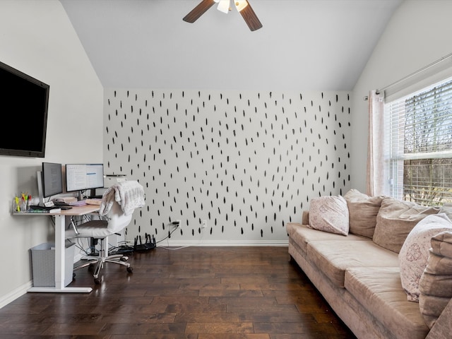 office featuring hardwood / wood-style floors, vaulted ceiling, and baseboards