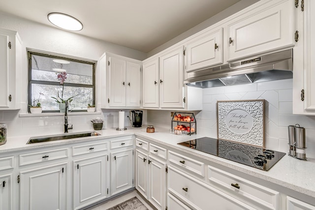 kitchen with under cabinet range hood, black electric cooktop, white cabinetry, and a sink