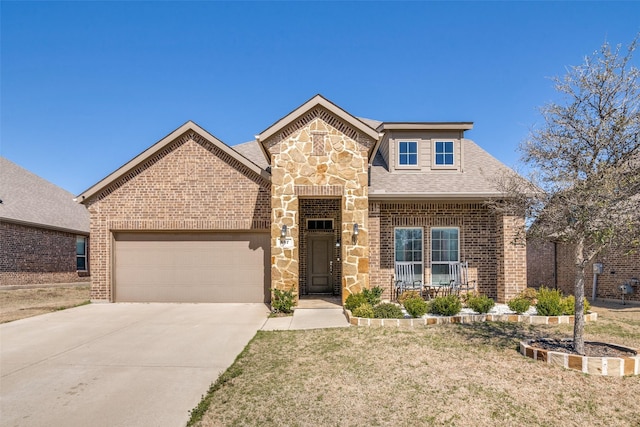 view of front of property featuring an attached garage, stone siding, concrete driveway, a front lawn, and brick siding